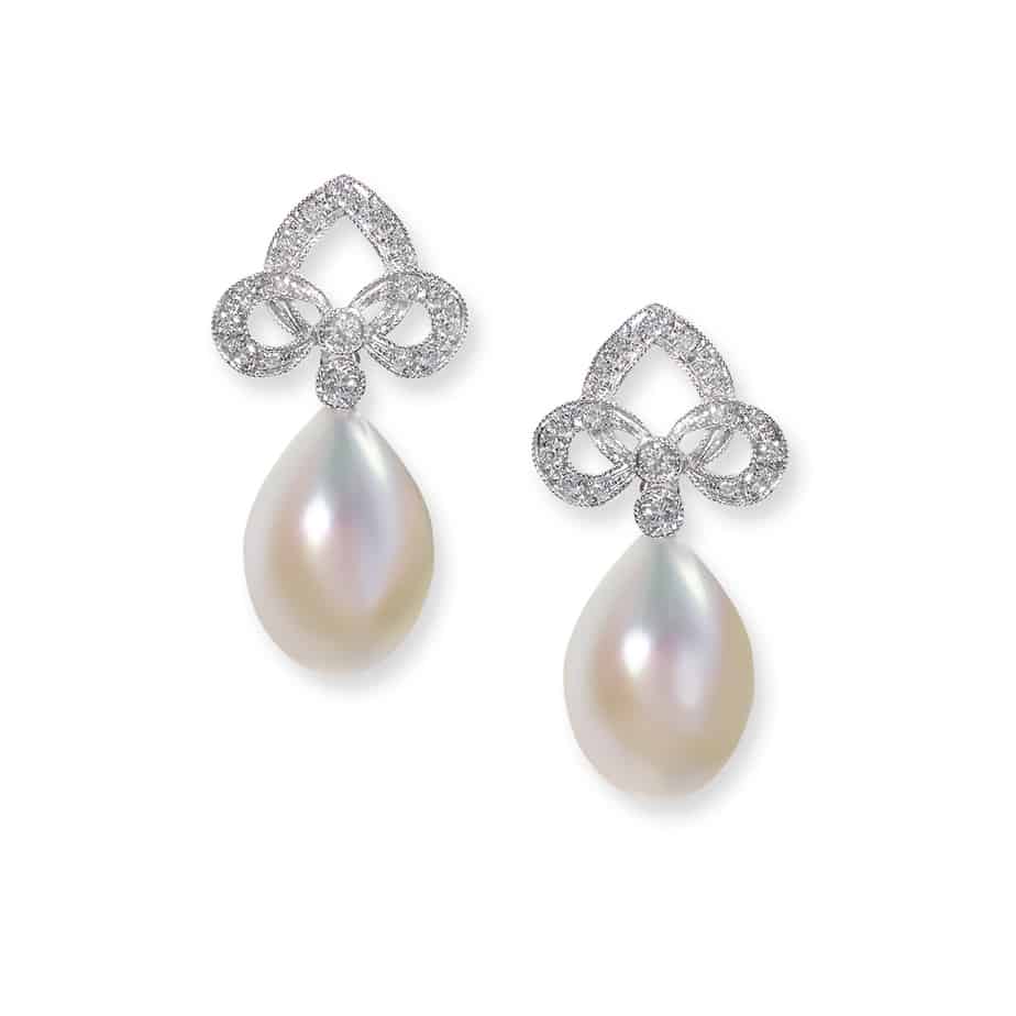 Bow top pearl and diamond drop earrings - Tom Hubbard Fine Jewellery
