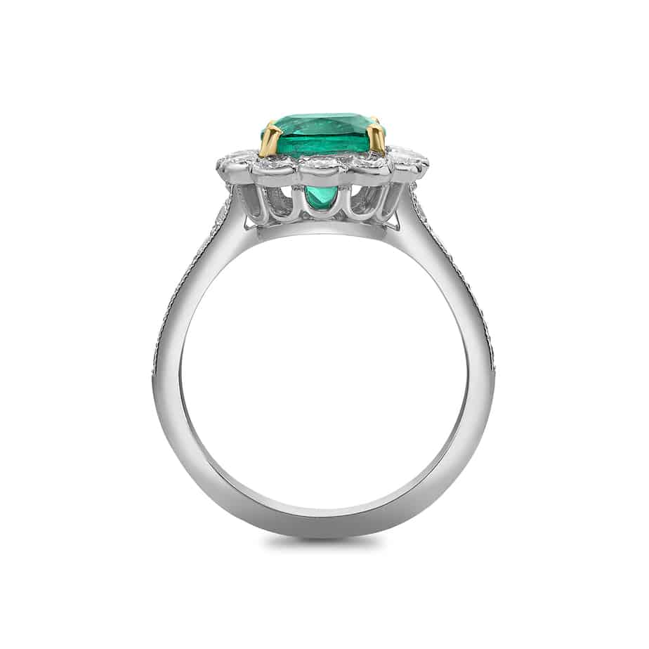 Cushion cut emerald and diamond cluster ring - Tom Hubbard Fine Jewellery